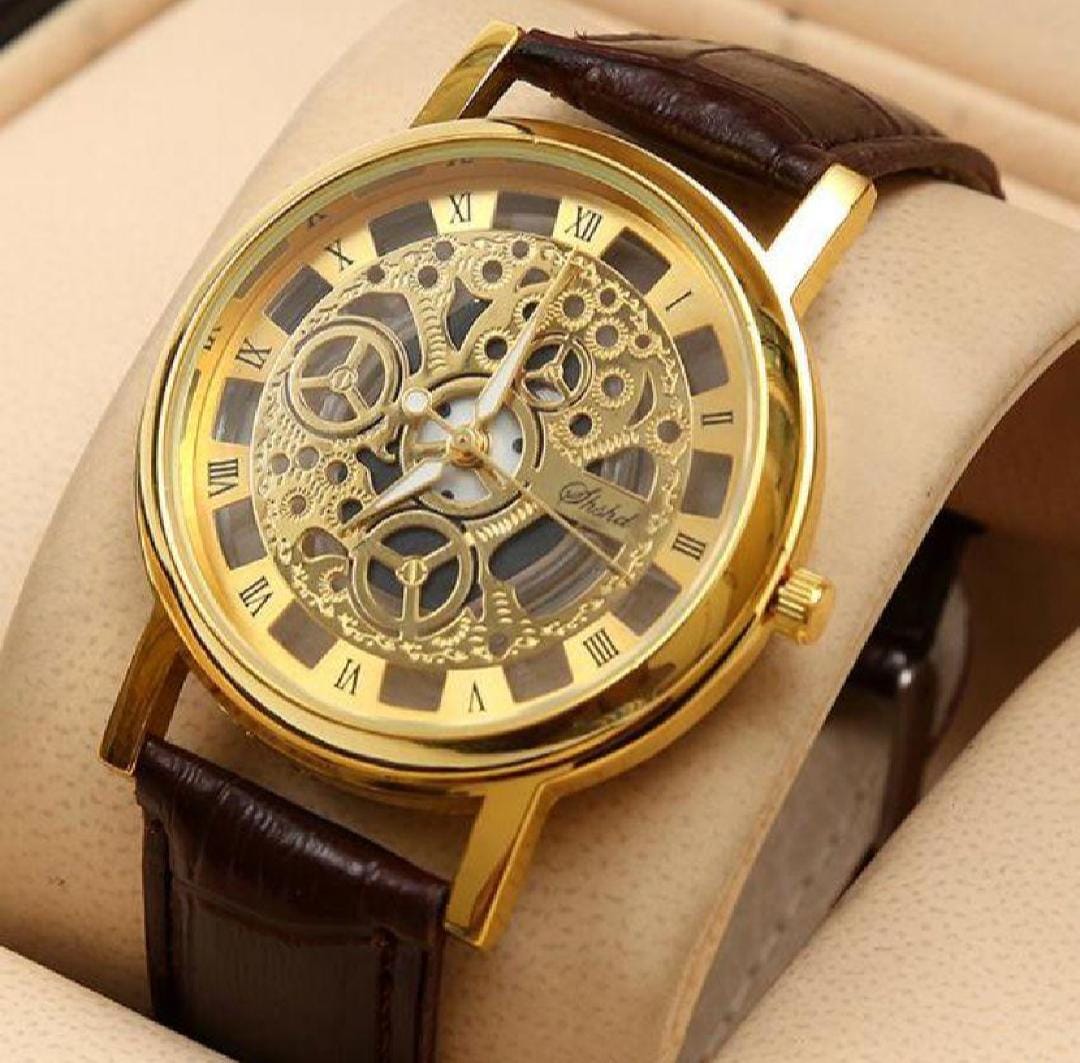Stylish Leather Watch with Gold-Tone Stainless Dial &amp; Brown Strap Without Box