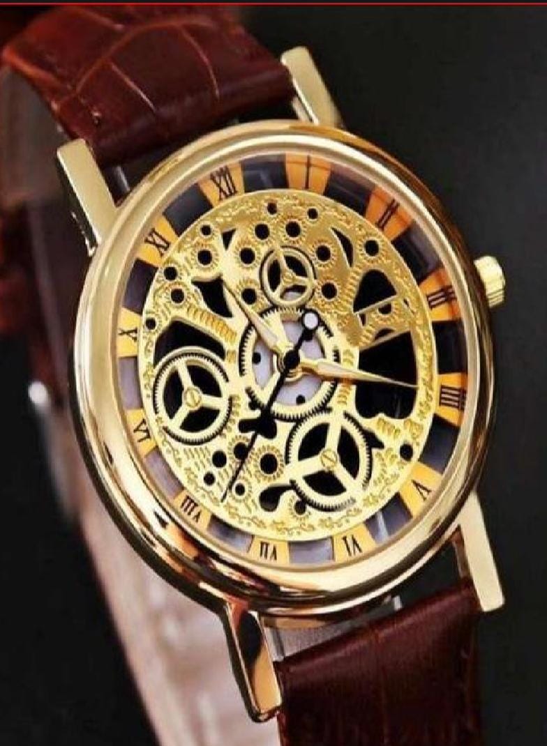 Stylish Leather Watch with Gold-Tone Stainless Dial &amp; Brown Strap Without Box